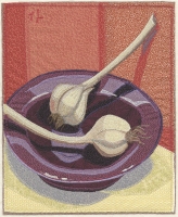 GARLIC ON RED PLATE thread on fabric, 2024, 11 x 9 inches