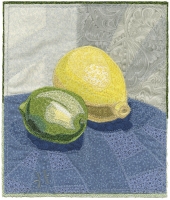 Deidre Scherer, "Lime and Lemon on Blue", thread on fabric, 2024, 9.5 x 8 inches